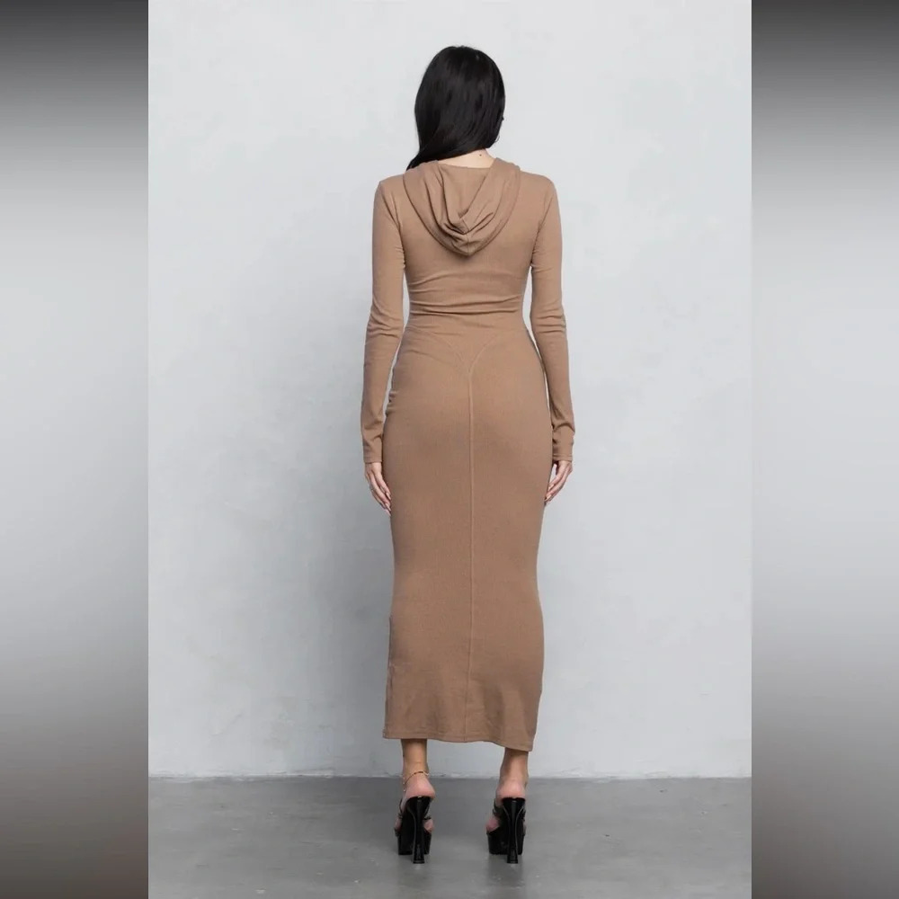 NWT No Vacancy Ribbed Zip Up Long T-Shirt Dress w/ Hoodie, Mocha - Picture 3 of 5